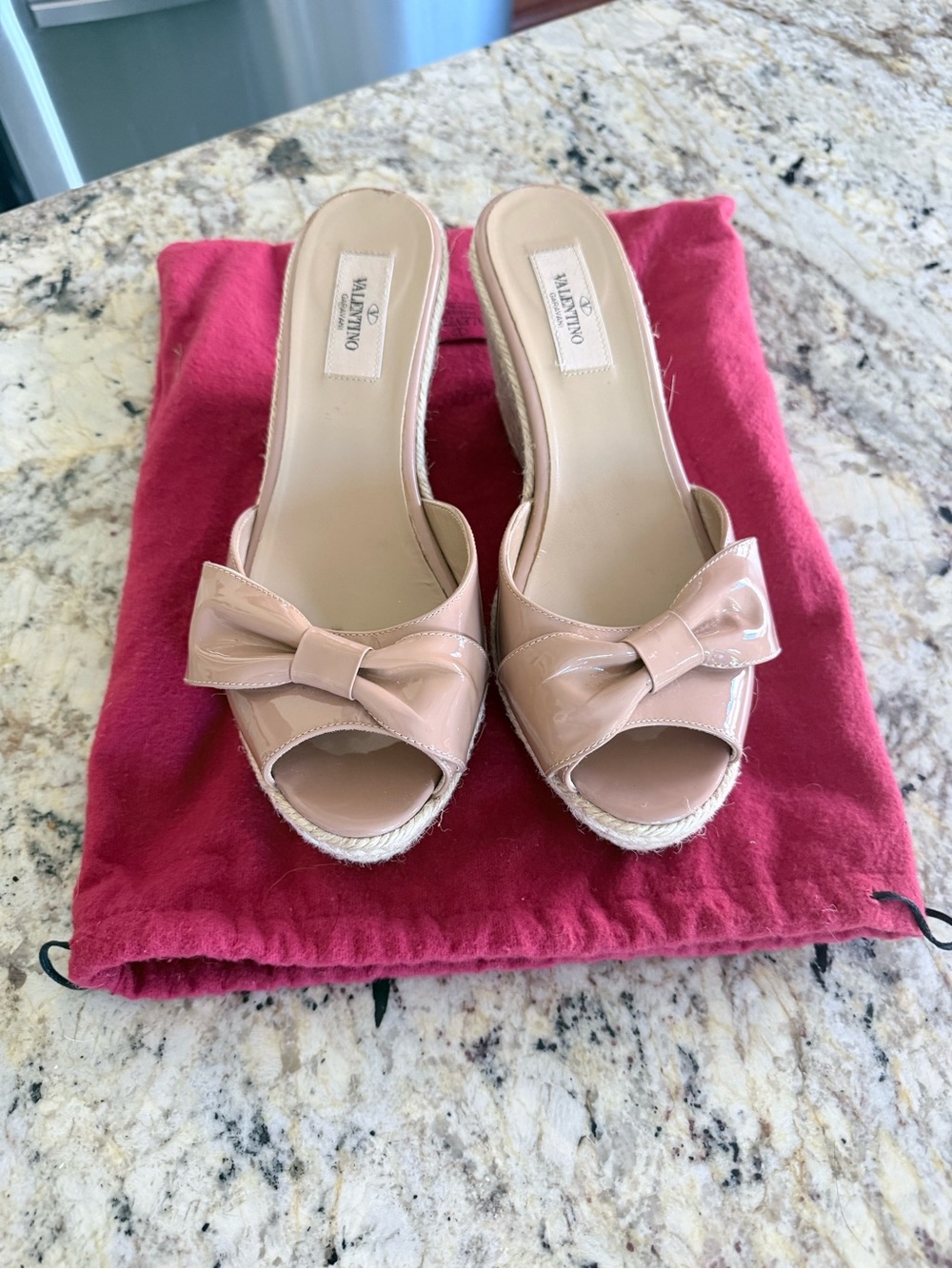 Valentino Blush Patent Leather Bow Espadrille Mules